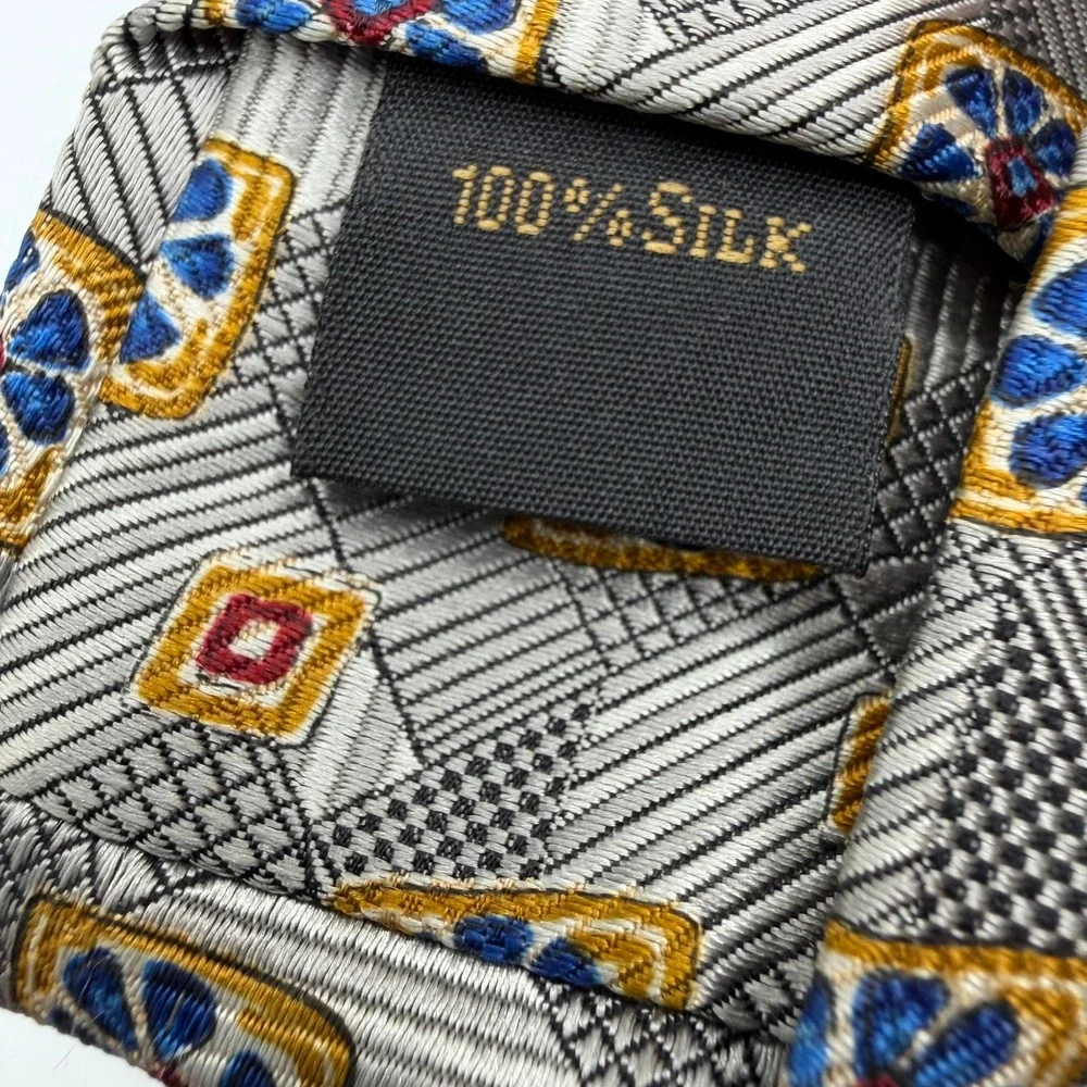Jos A Bank Signature Gold Tie Men Silver Gray Geometric Floral Silk USA 60.5